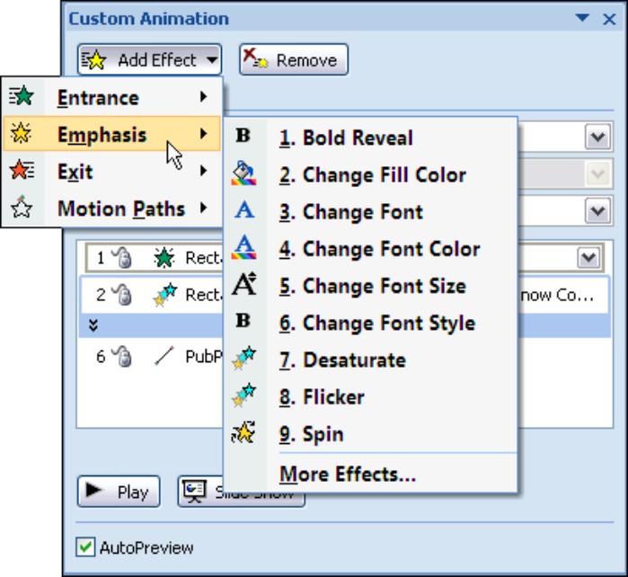 Figure 1-6: Choosing an animation effect.